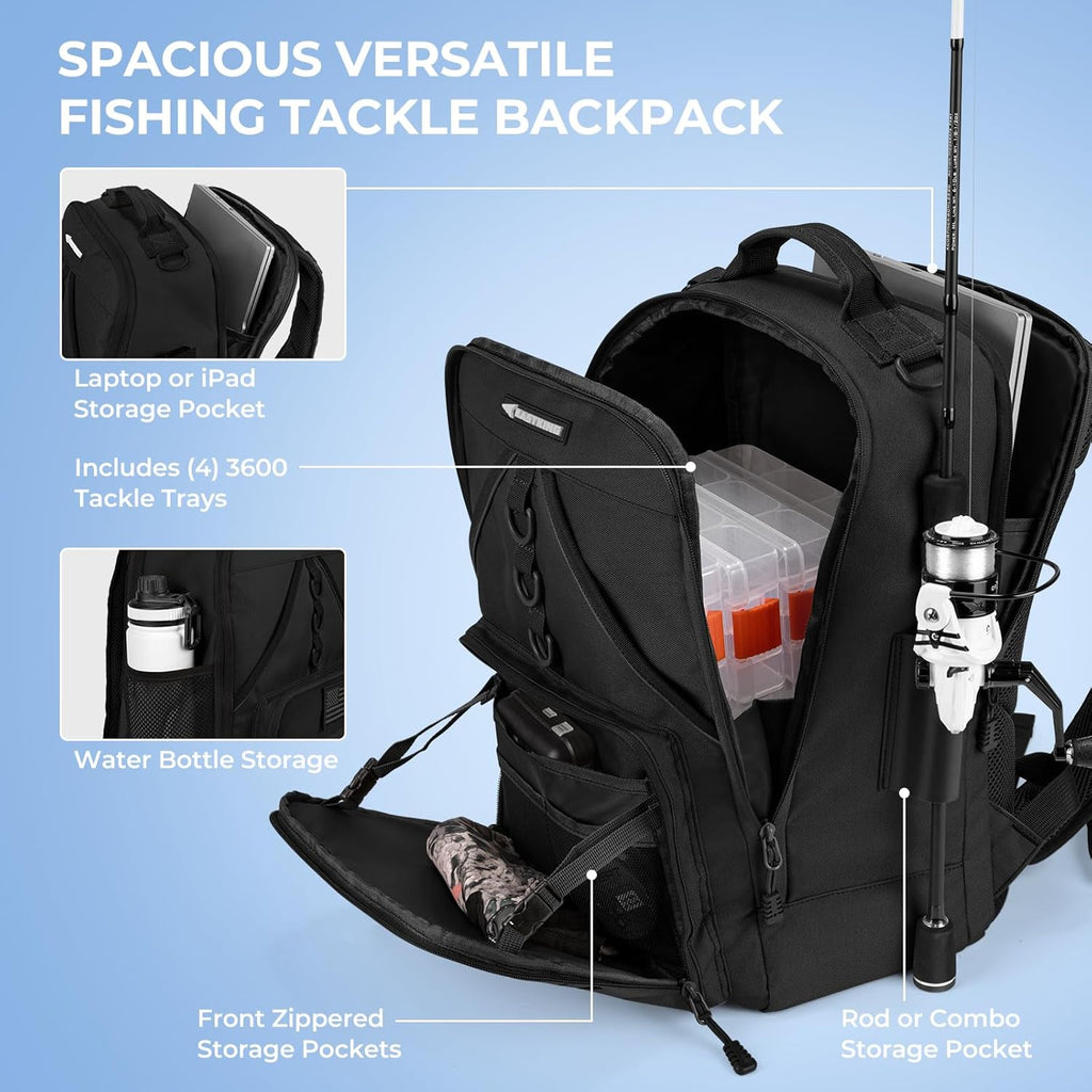 KarryAll Fishing Backpack with Rod Holder 4 Tackle Boxes, 40/26L | Tackle Bag Storage Fishing Gear and Equipment
