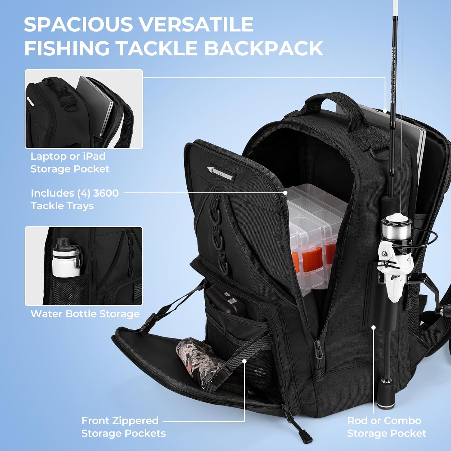 KarryAll Fishing Backpack with Rod Holder 4 Tackle Boxes, 40/26L | Tackle Bag Storage Fishing Gear and Equipment