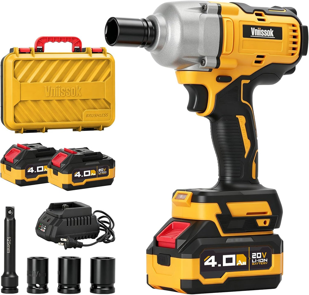 Cordless Impact Wrench, 900Ft-lbs (1200N.m) 1/2" Brushless Impact Gun with 2x 4.0Ah Battery, Fast Charger & 3
