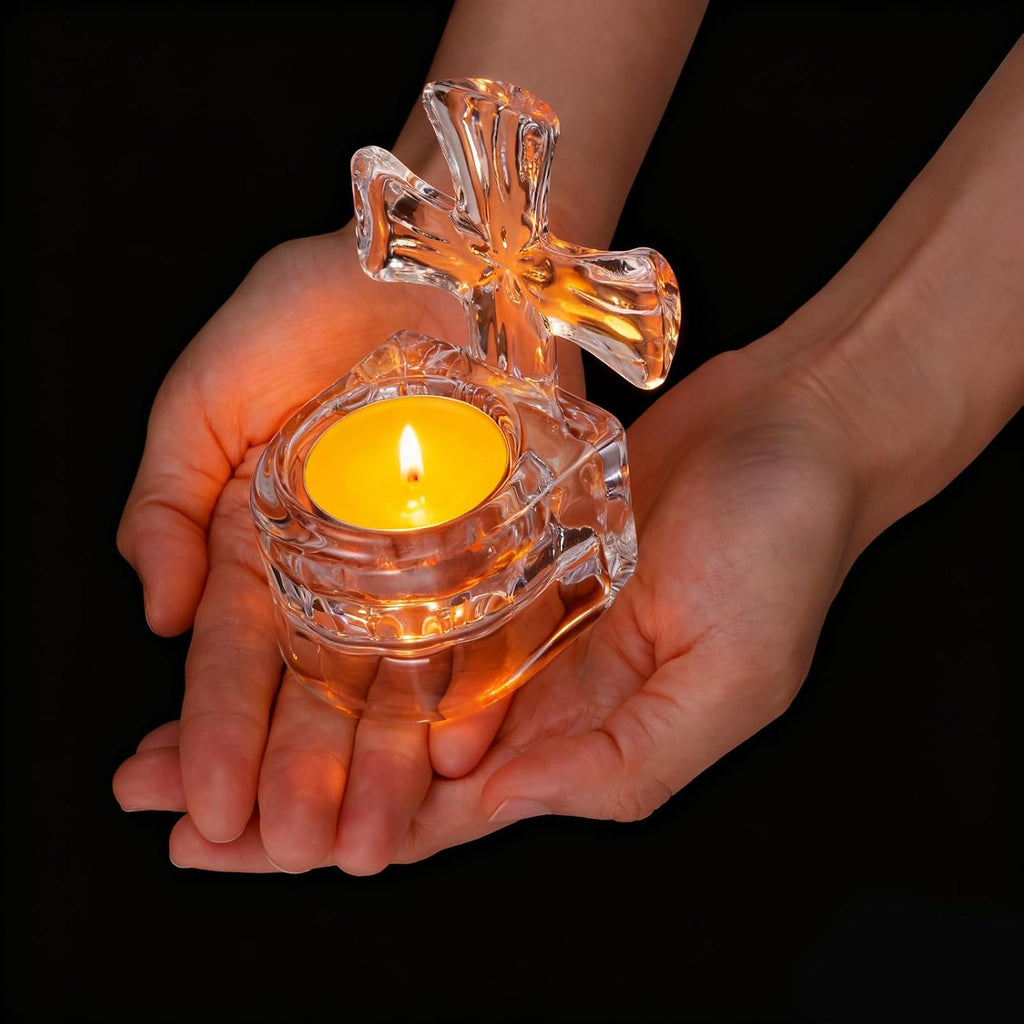 6 Pack Clear Glass Cross Tea Light Candle Holders, 4-inch Tall Crystal Votive Candle Holders for Religious Home