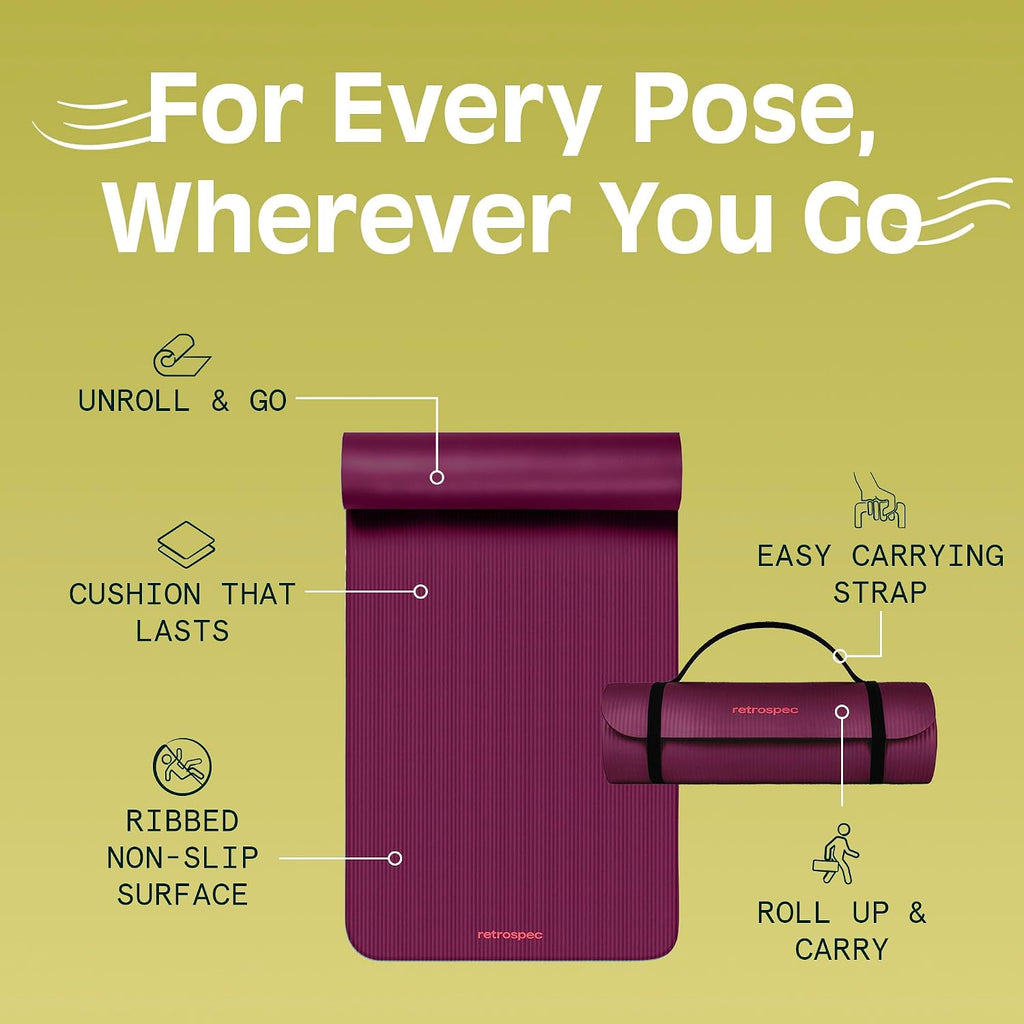 Solana Yoga Mat 1" Thick w/Nylon Strap for Men & Women - Non Slip Exercise Mat for Home Yoga, Pilates, Stretching