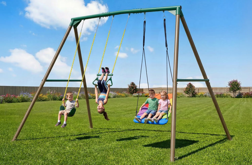 9.5' Tall Swing Sets for Backyard with Platform Swing, Heavy Duty Metal Swingset Outdoor for Kids with Trapeze Bar