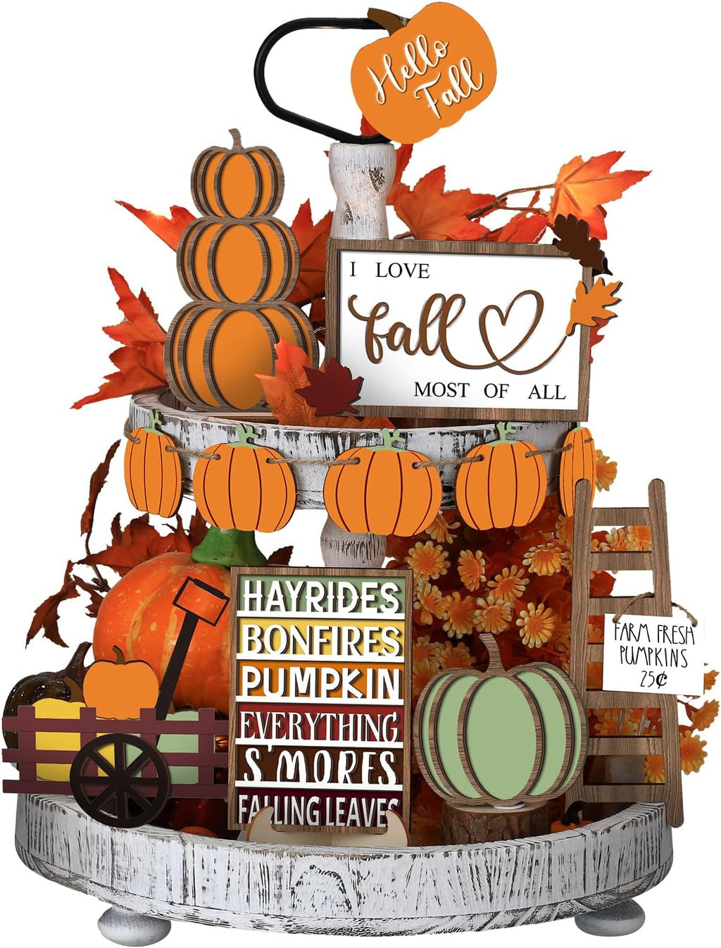 15 Pcs Fall Decorations for Home Fall Tiered Tray Decor Set,Harvest | Maple Leaves Pumpkin Wooden Signs, Thanksgiving