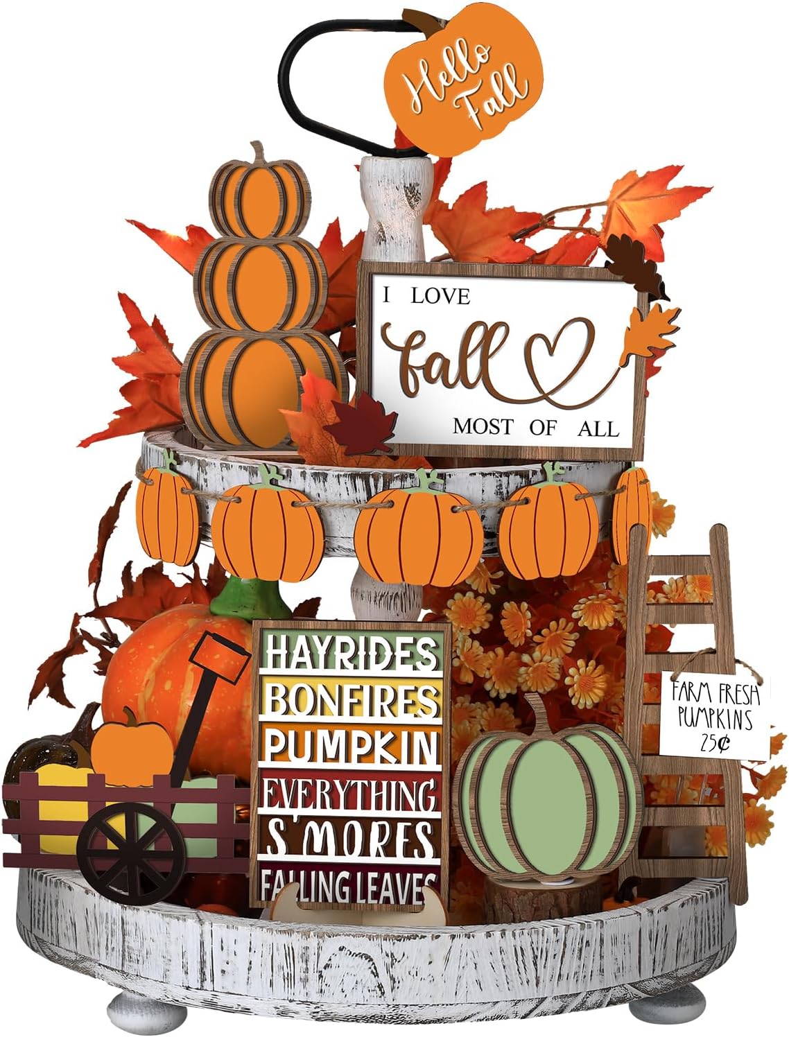15 Pcs Fall Decorations for Home Fall Tiered Tray Decor Set,Harvest | Maple Leaves Pumpkin Wooden Signs, Thanksgiving
