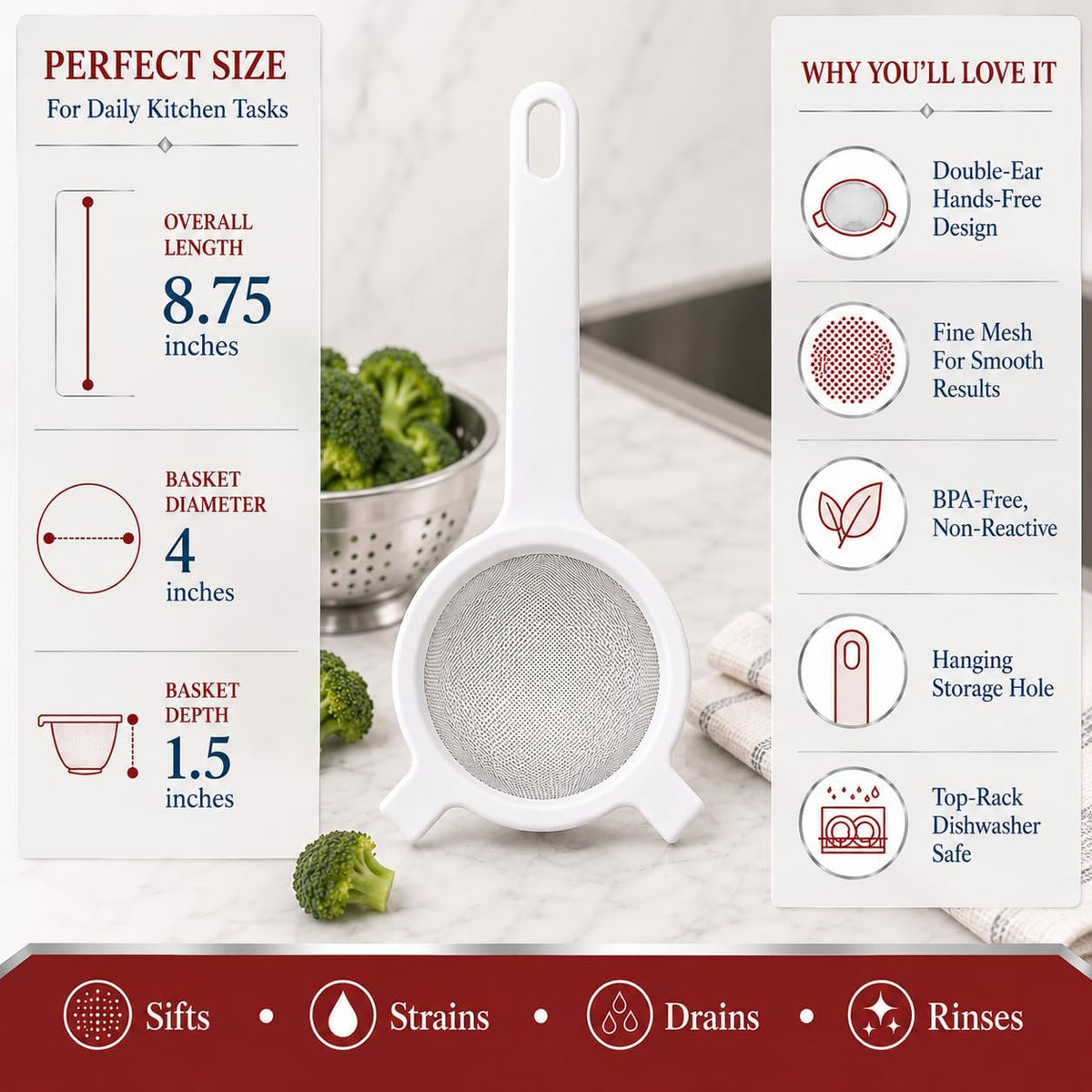 HIC Kitchen Double-Ear Fine Mesh Strainer, 4-Inch, BPA Free, Non Reactive