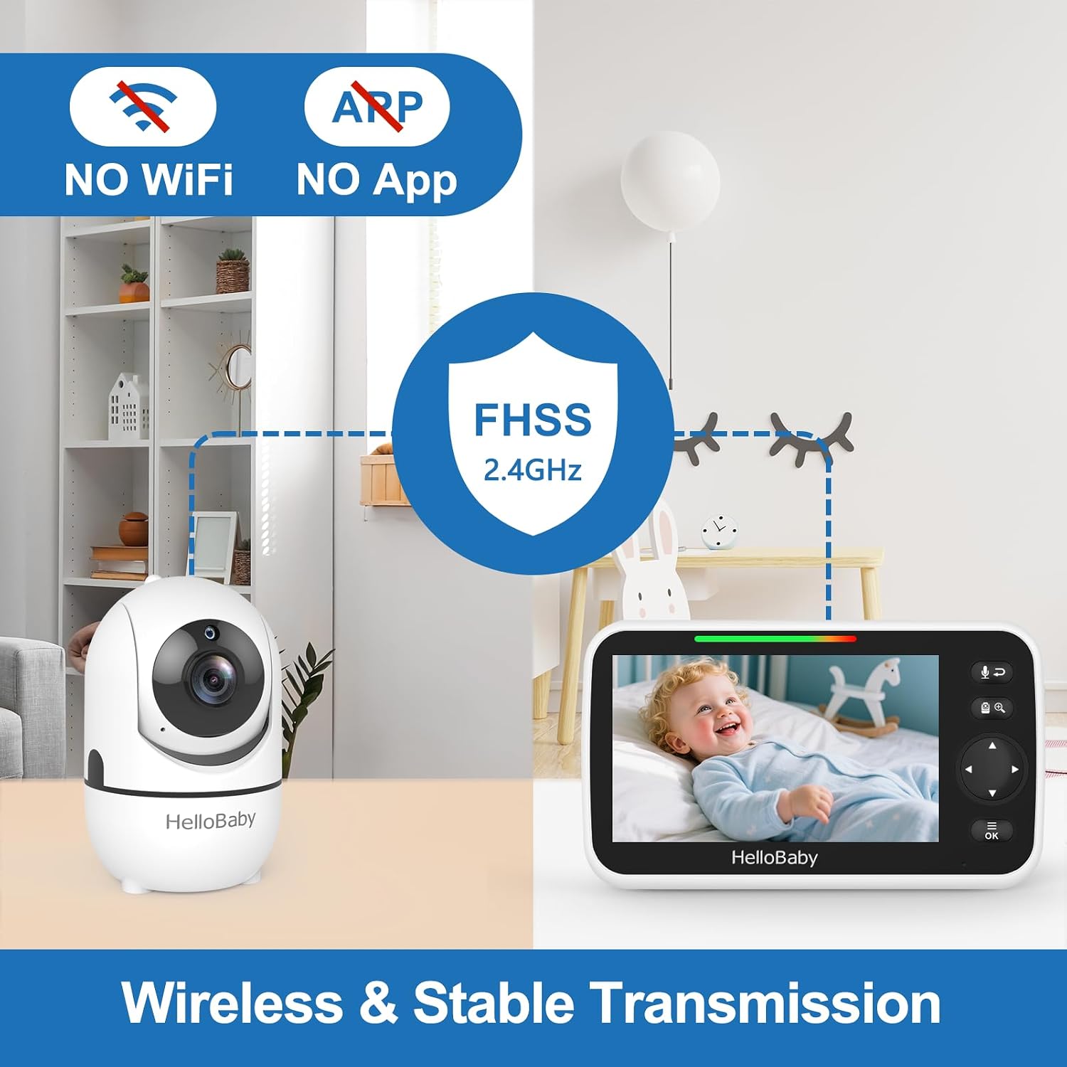 No WiFi Baby Monitor 5" Screen 30-Hour Battery Pan-Tilt-Zoom Video Upgrade with Camera and Audio, Night Vision, VOX
