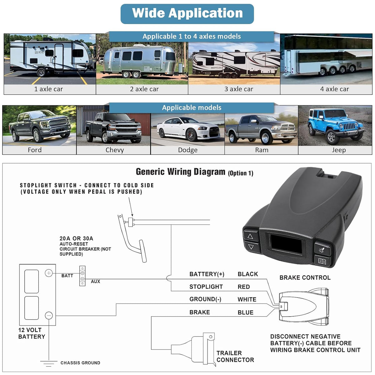 90195 Electric Proportional Trailer Brake Controller, 1-4 Axles