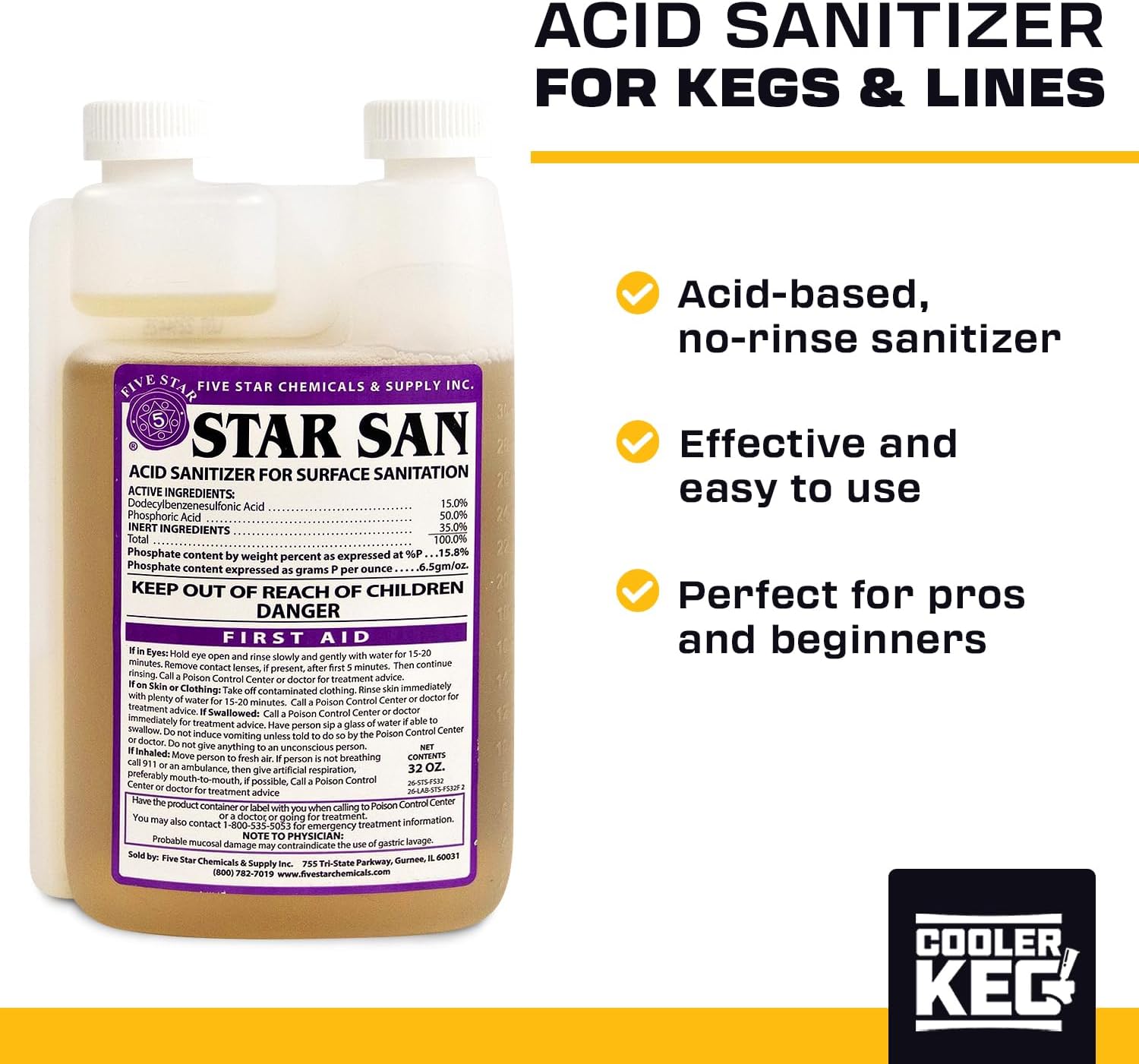 Star San Cleaner 32oz - No Rinse Food Grade Brewing Sanitizer Rinseless Cleaning Agent for Home Brew, Kegs, Stainless