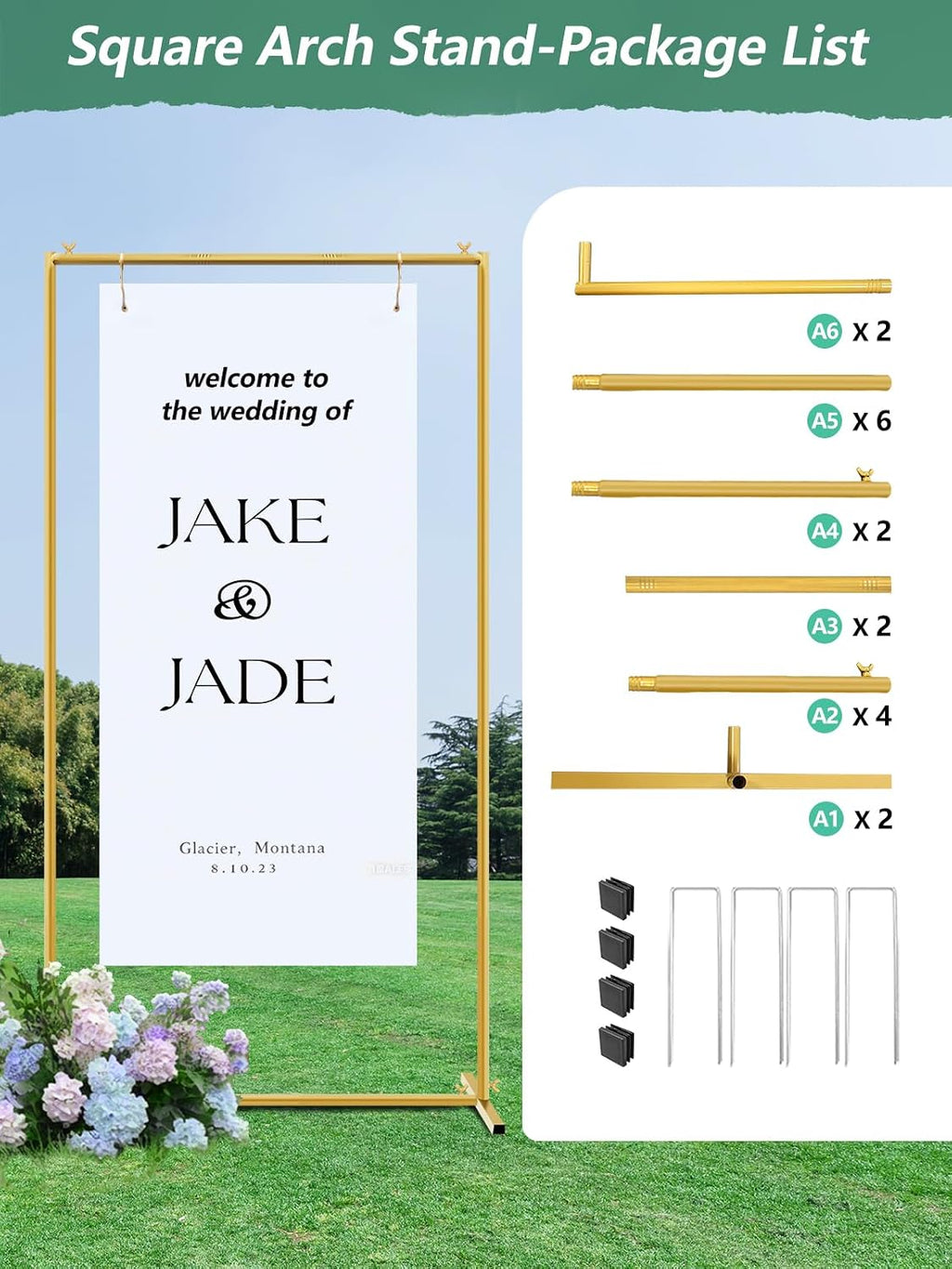 Gold Wedding Arch Backdrop Stand, 6.6 * 3.3FT Square Backdrop Stand Balloon Flower Metal Frame for Ceremony