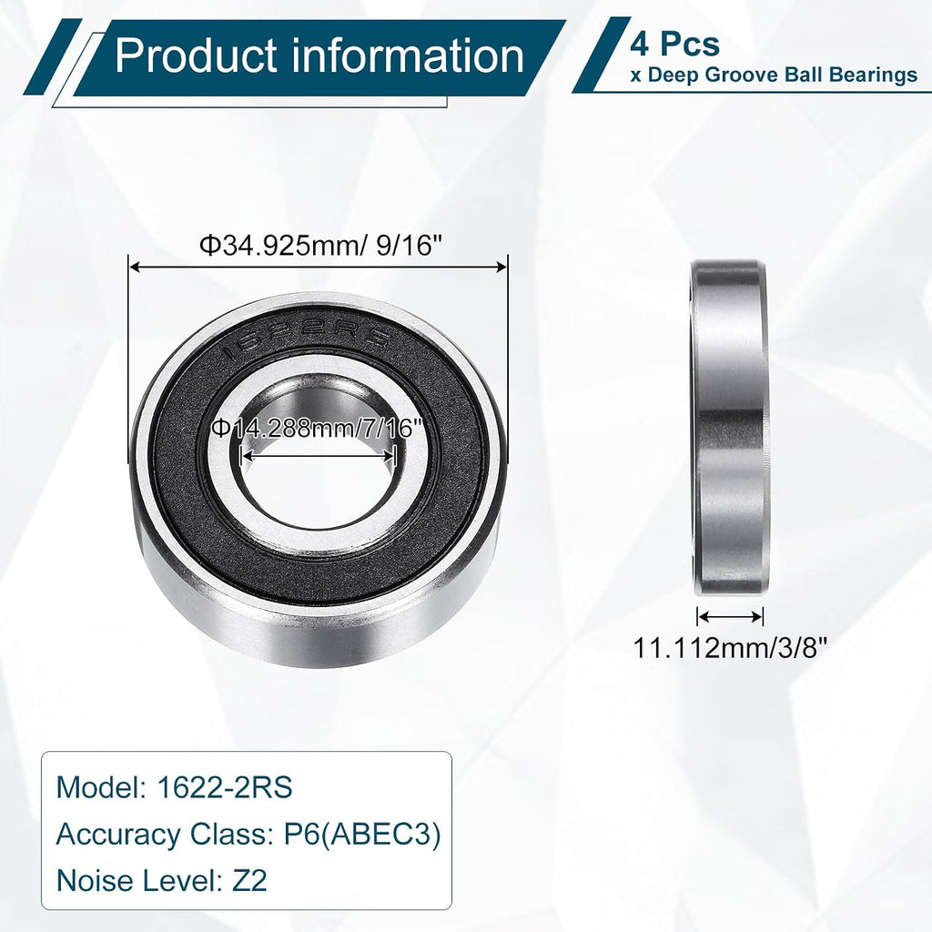 uxcell 4pcs 1622-2RS Deep Groove Ball Bearing 9/16" x 1-3/8" x 7/16" ABEC 3