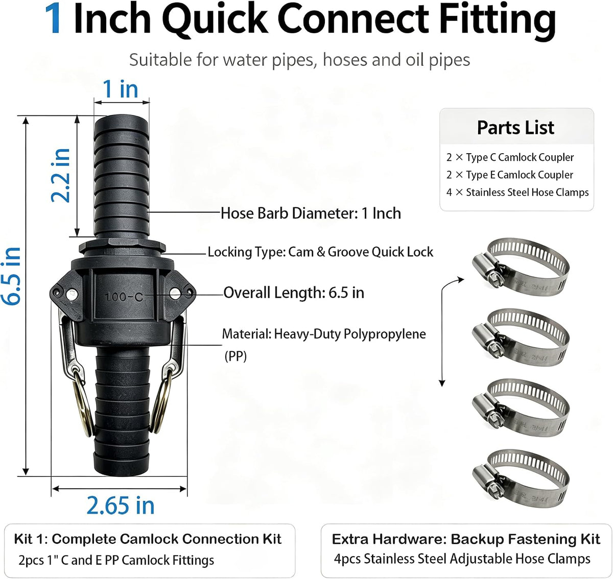 Camlock Fittings 1 Inch C and E Polypropylene 2 Sets Cam & Groove Hose Kit