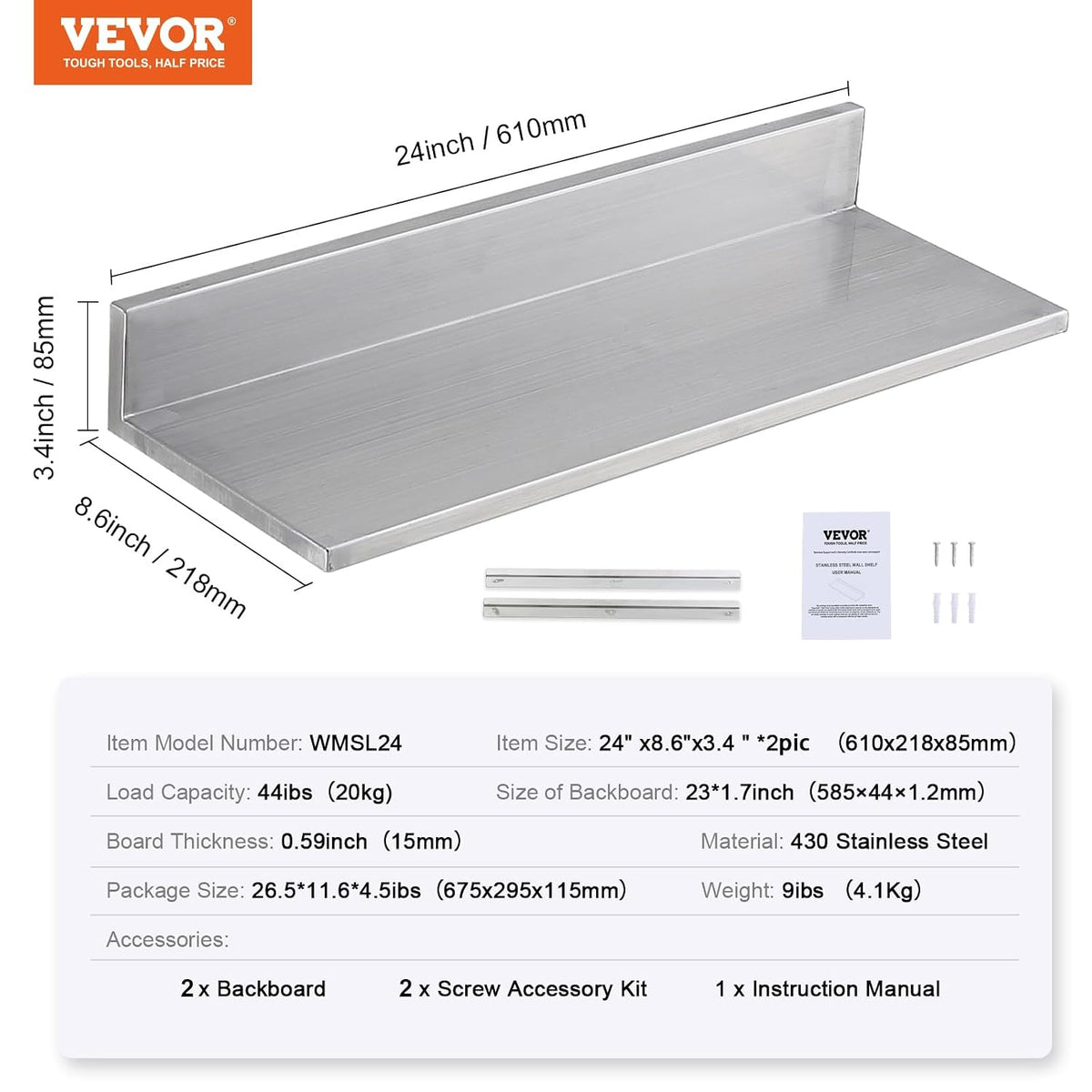 8.6" x 24" -2Pack Stainless Steel Shelf, Wall Mounted Floating Shelving with Backsplash, 44 lbs Load Capacity