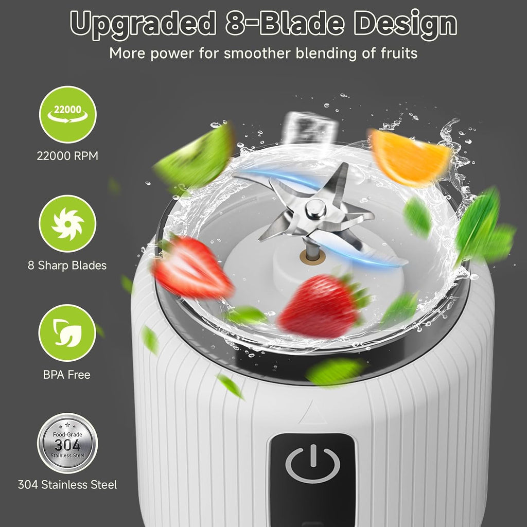 Portable Blender, Smoothie Blender with LED Display, 17 oz, White | 8 Blades, LED Display, USB-C Charging, Blender