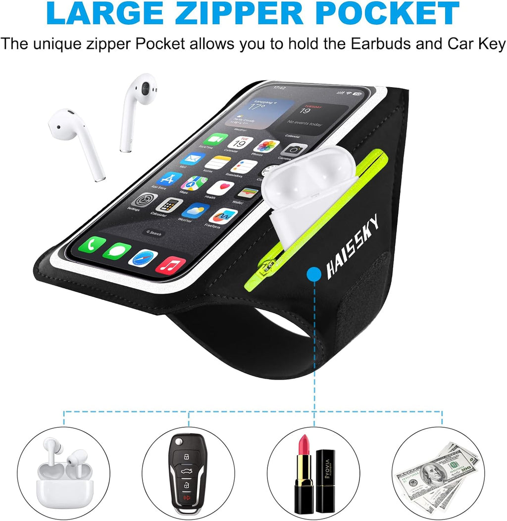Cell Phone Running Armband with Zipper Pocket Armband Case Running Holder for iPhone 16 Pro Max/15/14 Pro Max/13/12