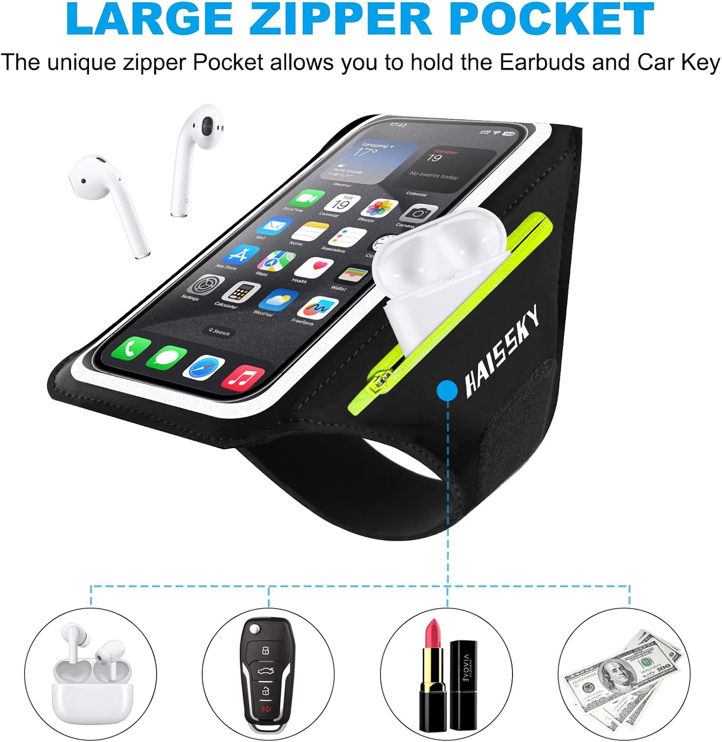 Cell Phone Running Armband with Zipper Pocket Armband Case Running Holder for iPhone 16 Pro Max/15/14 Pro Max/13/12