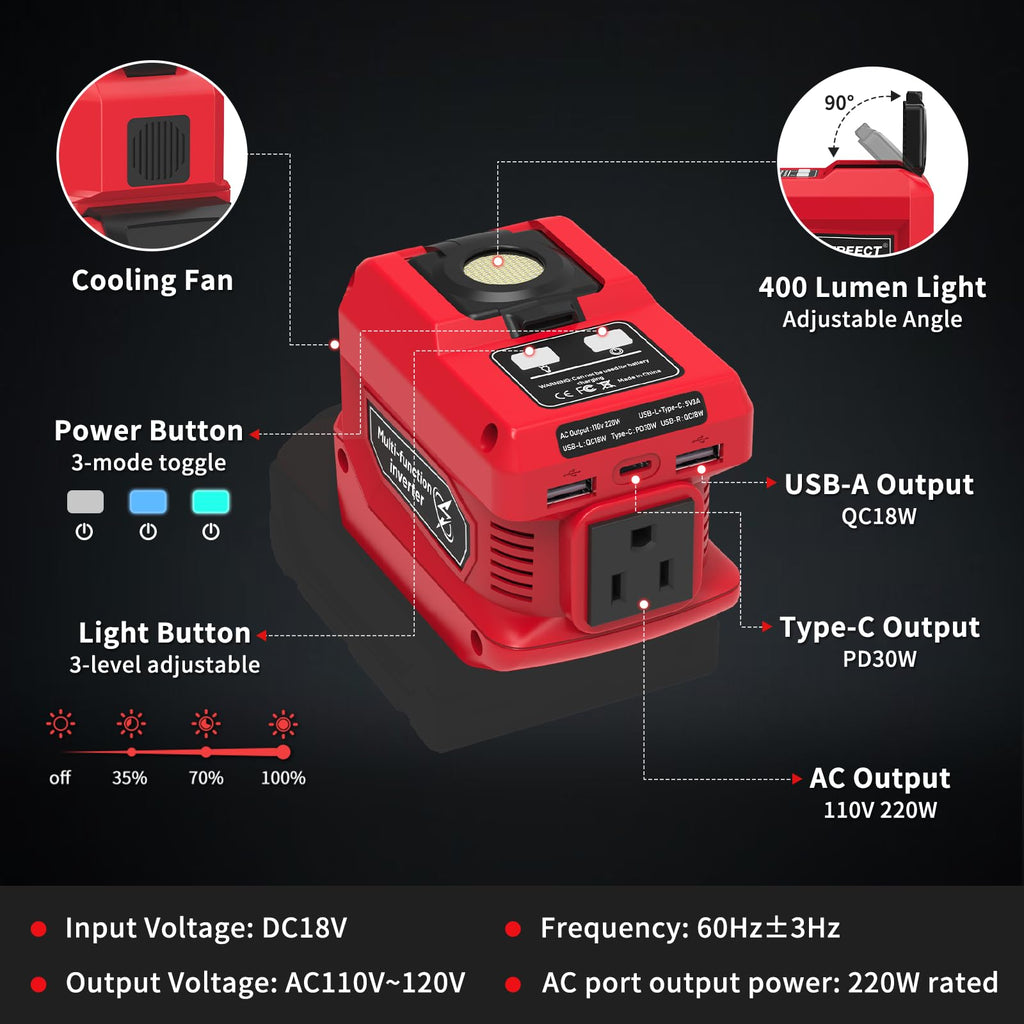 2 Pack 220W Power Inverter Compatible with Milwaukee 18V Battery, Tool Only