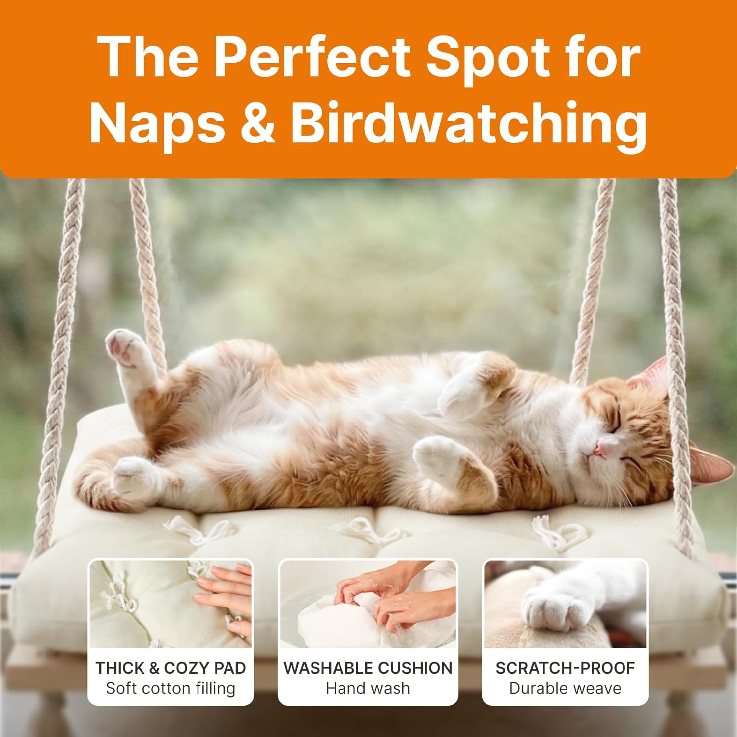 Cat Window Perch with Industrial-Grade Suction Cups - Solid Pine Wood Hammock Bed, Soft Cushion - 42 lb Capacity for