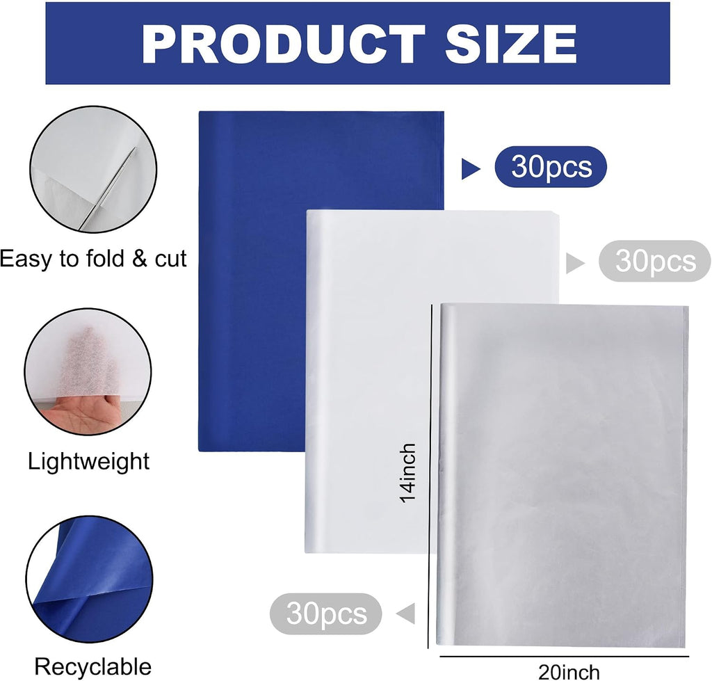 90 Sheets Blue White Silver Tissue Paper Bulk for Gift Wrapping