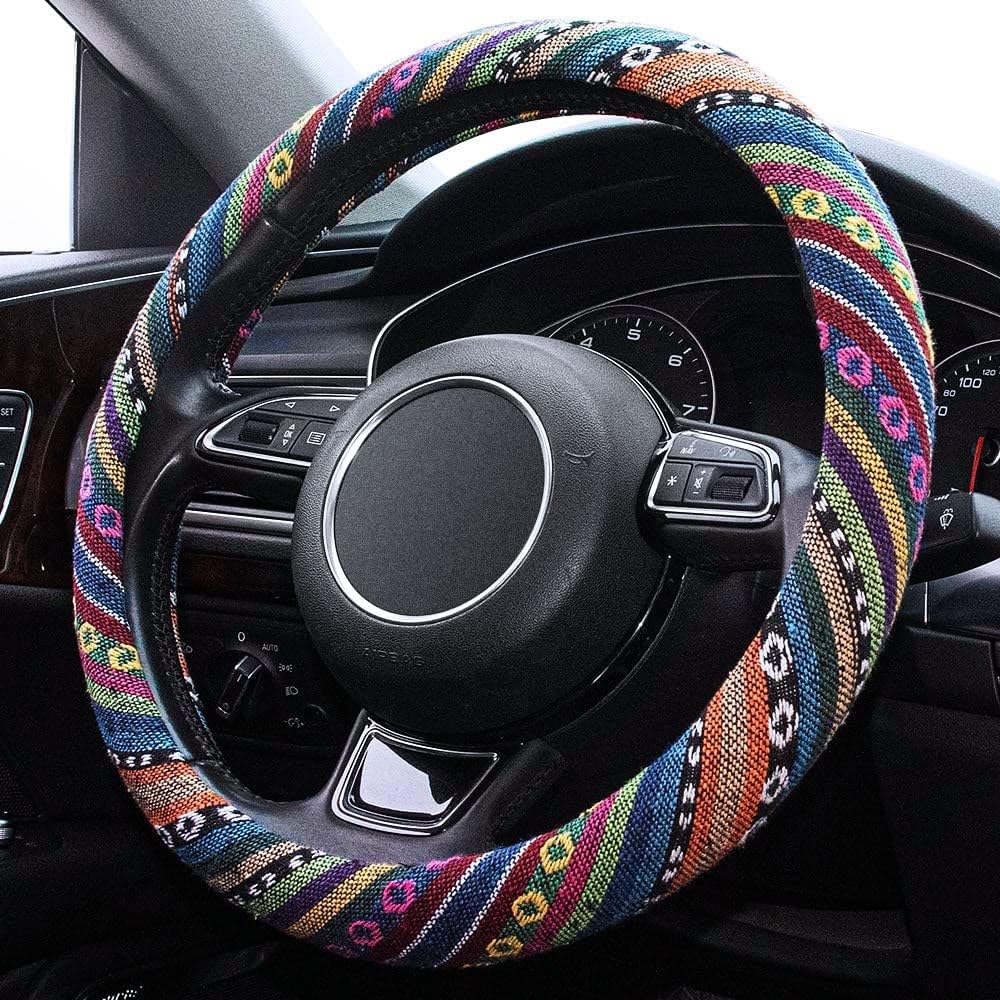 Boho Steering Wheel Cover Elastic Microfiber for Women, Universal Fit 15 inch Car SUV, Hippie Style Protector Cover