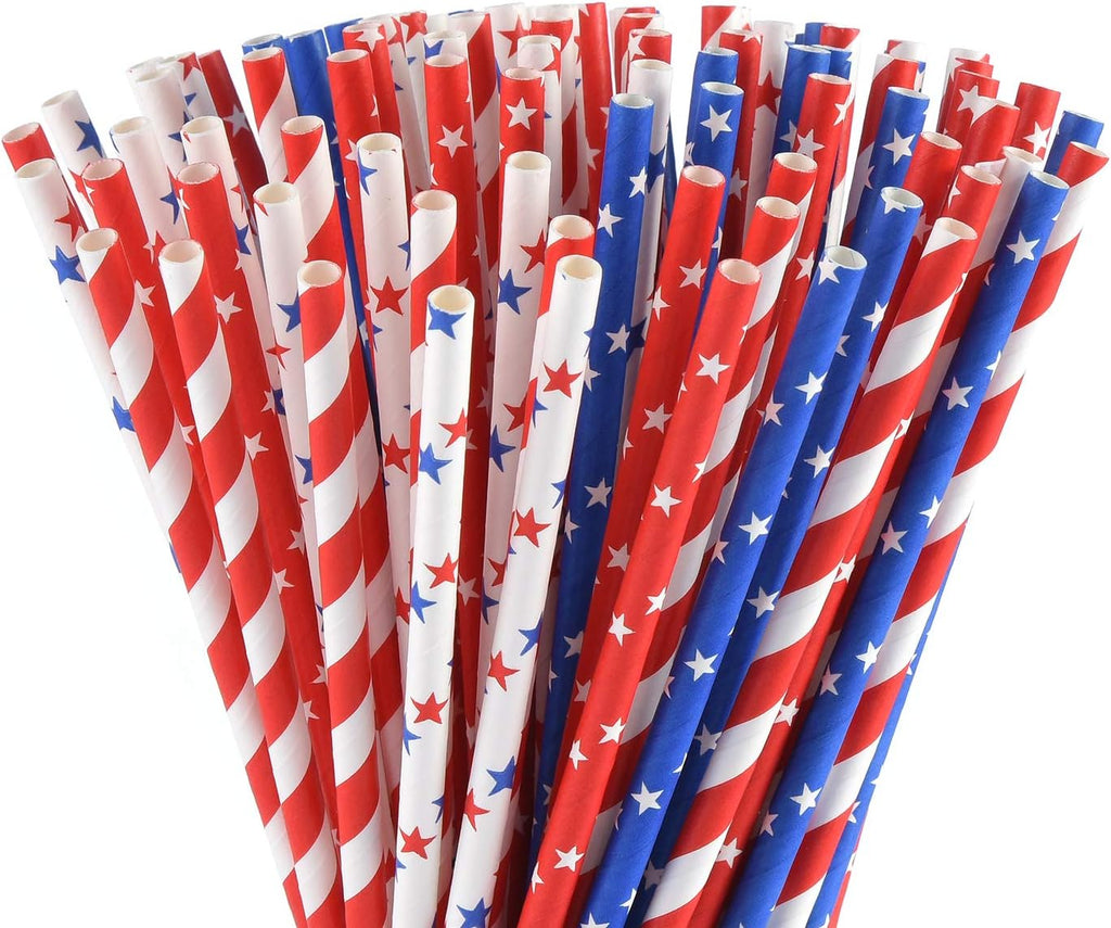 American Flag Red Blue White Paper Straws, 100 Stripe/Star Biodegradable Straws for Memorial Day /4th of July, Super