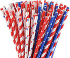 American Flag Red Blue White Paper Straws, 100 Stripe/Star Biodegradable Straws for Memorial Day /4th of July, Super