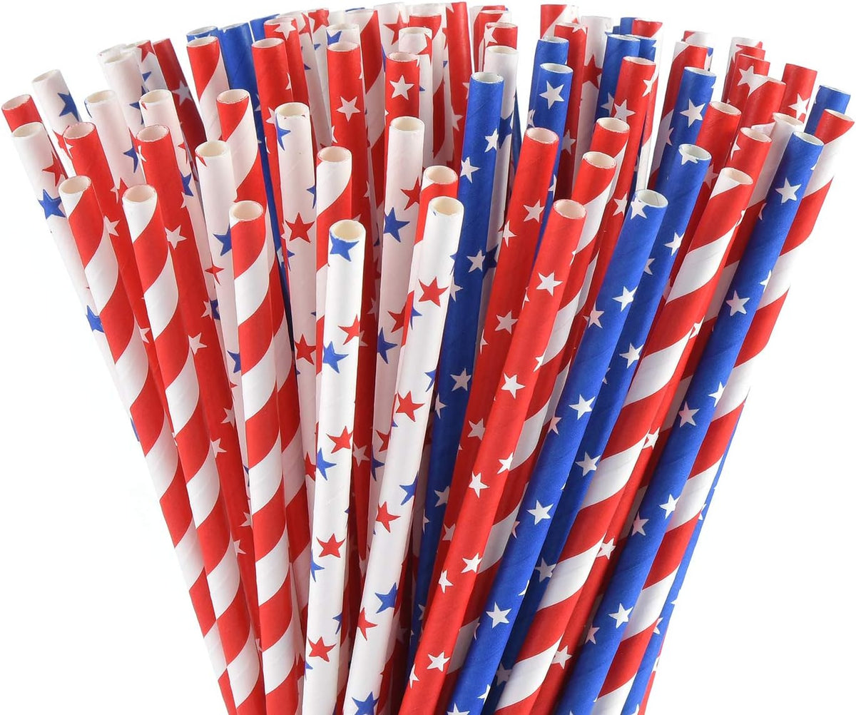 American Flag Red Blue White Paper Straws, 100 Stripe/Star Biodegradable Straws for Memorial Day /4th of July, Super