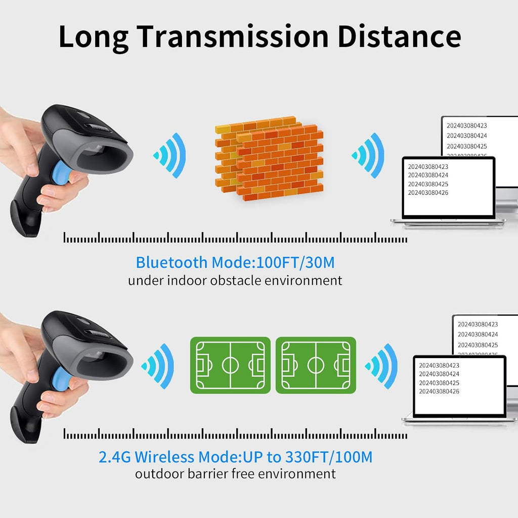 Wireless Barcode Scanner 1D QR Scanner Wireless Handheld Laser Bar Code Reader 3-in-1 with Bluetooth & 2.4G Wireless