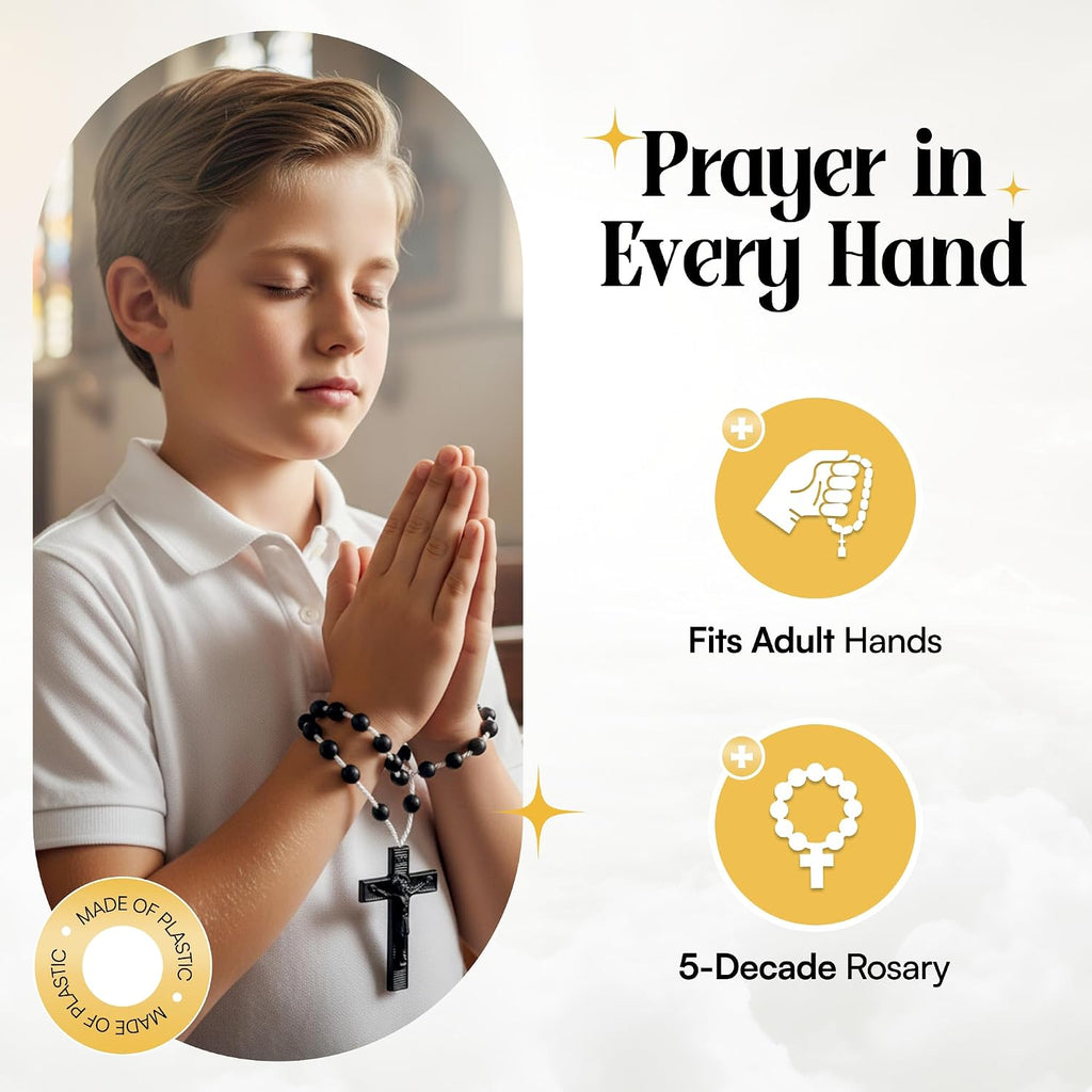Catholic Rosary Beads for Prayer – White Plastic Rosary Necklace with Crucifix, Durable Nylon Cord, Made in Italy