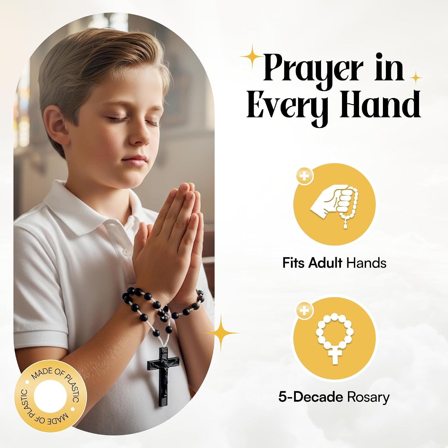 Catholic Rosary Beads for Prayer – White Plastic Rosary Necklace with Crucifix, Durable Nylon Cord, Made in Italy