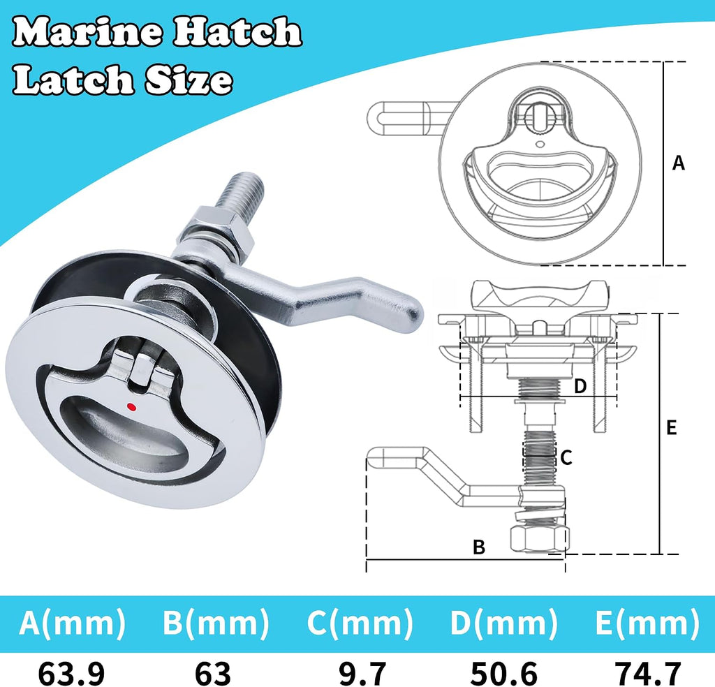 Boat Cam Latch, Marine 316 Stainless Steel Boat Hatch Latch with Back Plate, Flush Pull Handle & Adjustable Arm Includes Installation Screws Marine Hatch Deck Hardware for Ships, Yachts, RVs 1pcs/2pcs