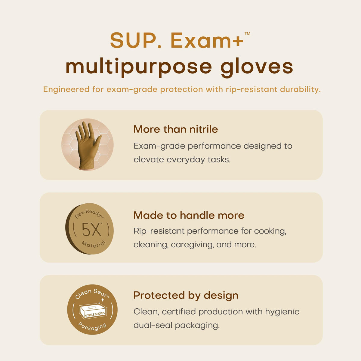 SUP Exam Plus Nitrile Gloves, Powder-Free Disposable, Trail Tan 100Ct (XL)