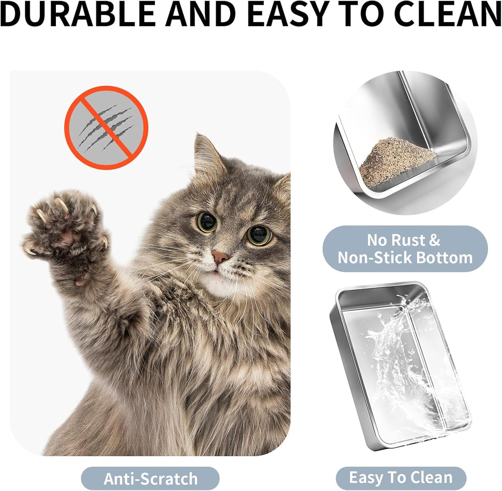 Stainless Steel Cat Litter Box with Lid High Wall Sides Enclosure, Non-Sticky, Anti-Leakage, Easy Cleaning, with Cat