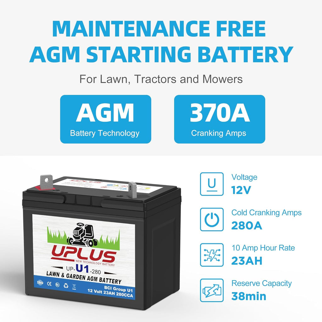 UPLUS U1 Riding Lawn Mower Battery, 12V 280CCA Garden Tractors Battery | Maintenance Free AGM Batteries, Fit for John