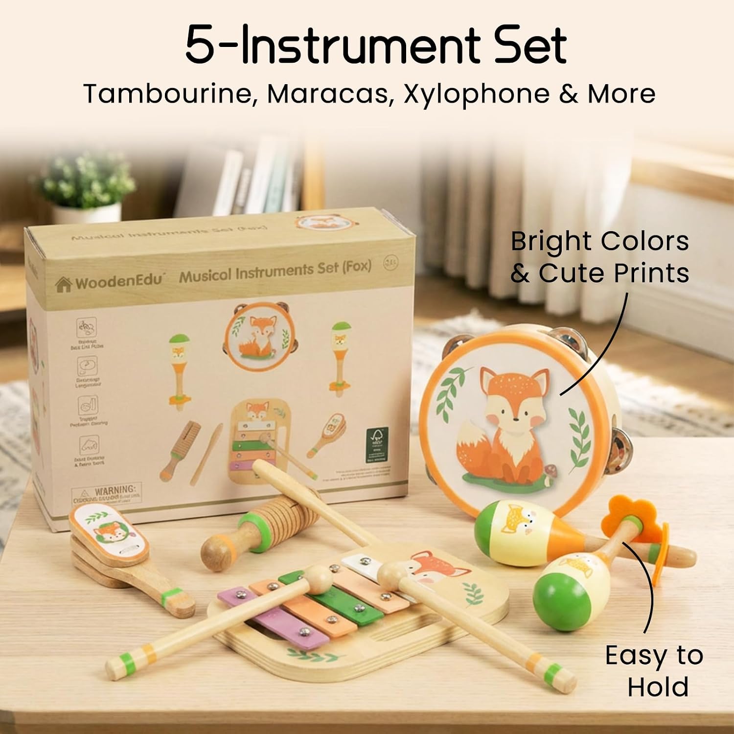 Wooden Musical Instruments Set for Toddlers 1-3, Montessori Toys | Natural Wood Percussion Instruments Xylophone Gift