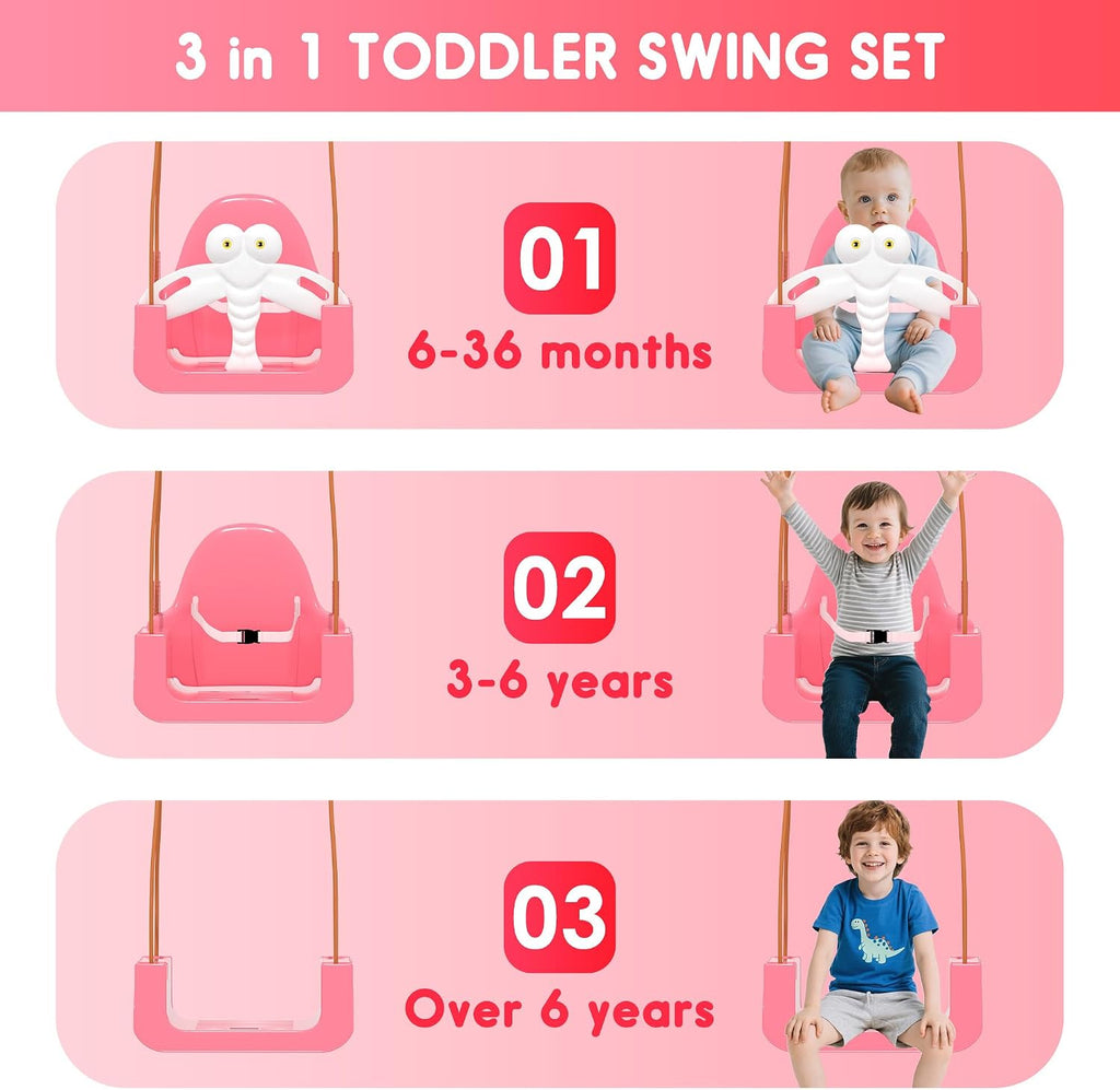 Toddler Swing, 3-in-1 Baby Swing Sets with Anti-Slip Base Feet & Safety Belt, Indoor/Outdoor Baby Seat with Metal