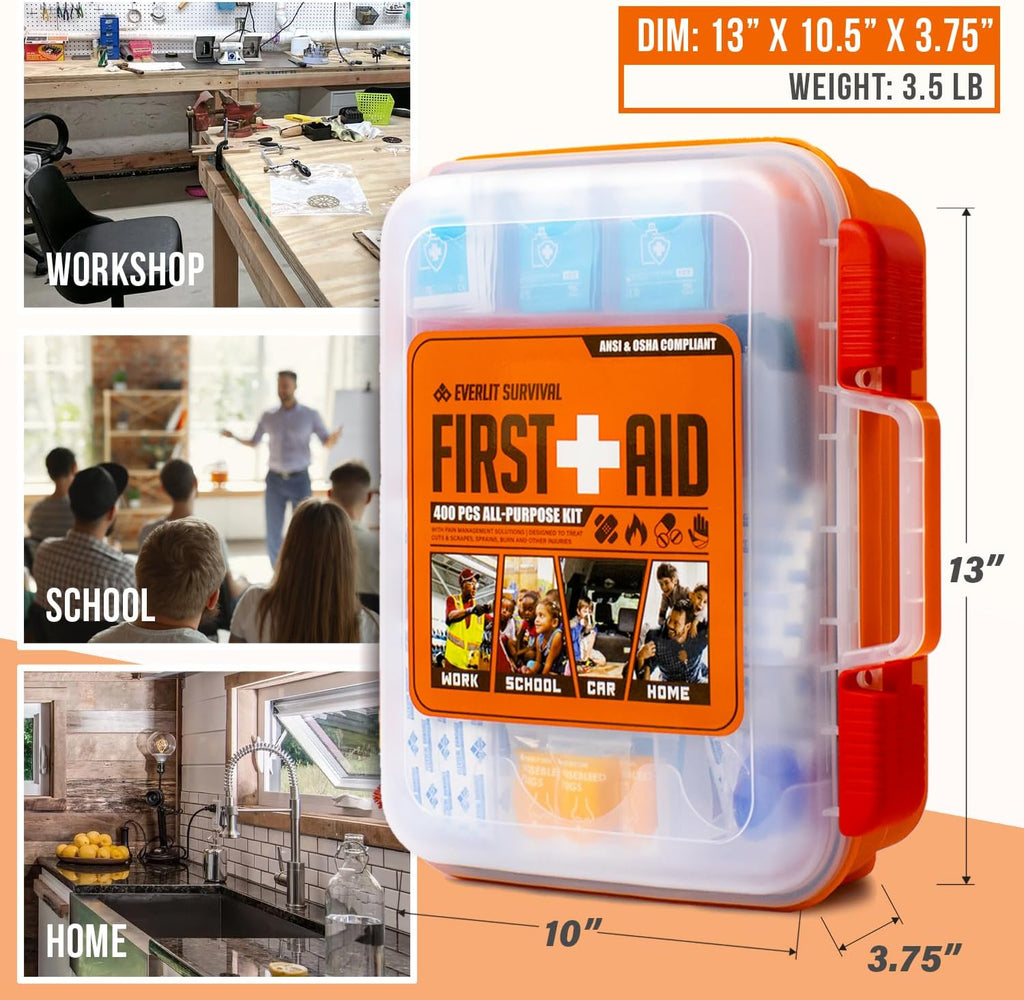 400 Pcs OSHA Compliant First Aid Kit, Wall-Mountable Essential Emergency Kit for Home, Business, School, Warehouse