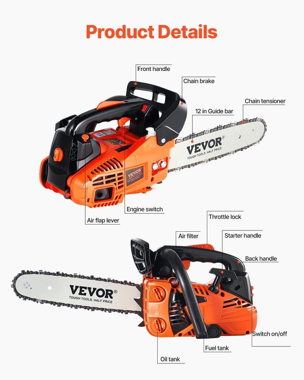25.4 CC 2-Cycle Top Handle Gas Powered Chainsaw 12 Inch Petrol Handheld Cordless Chain Saw for Tree Wood Cutting