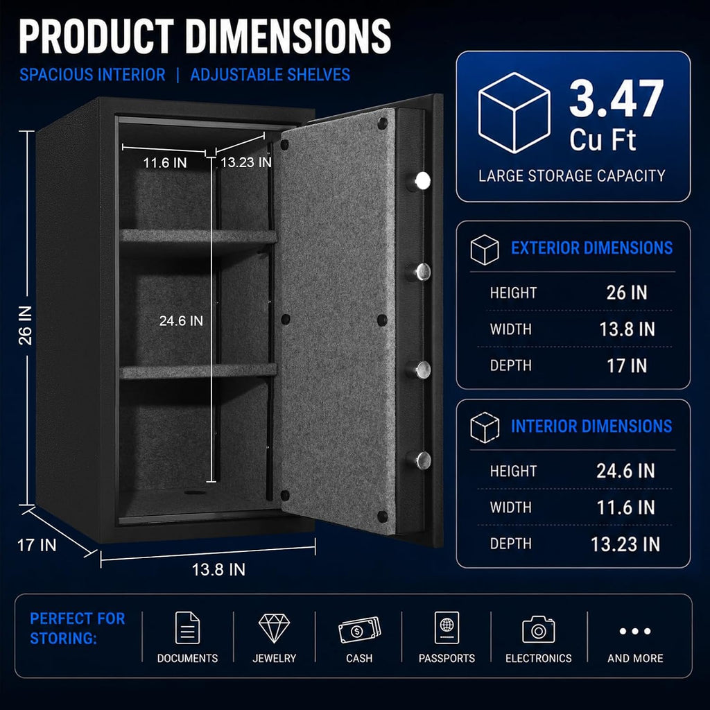 Biometric Fingerprint Fireproof Safe for Home Office | 3.47 Cu Ft Solid Steel Security Safe with Removable Shelf