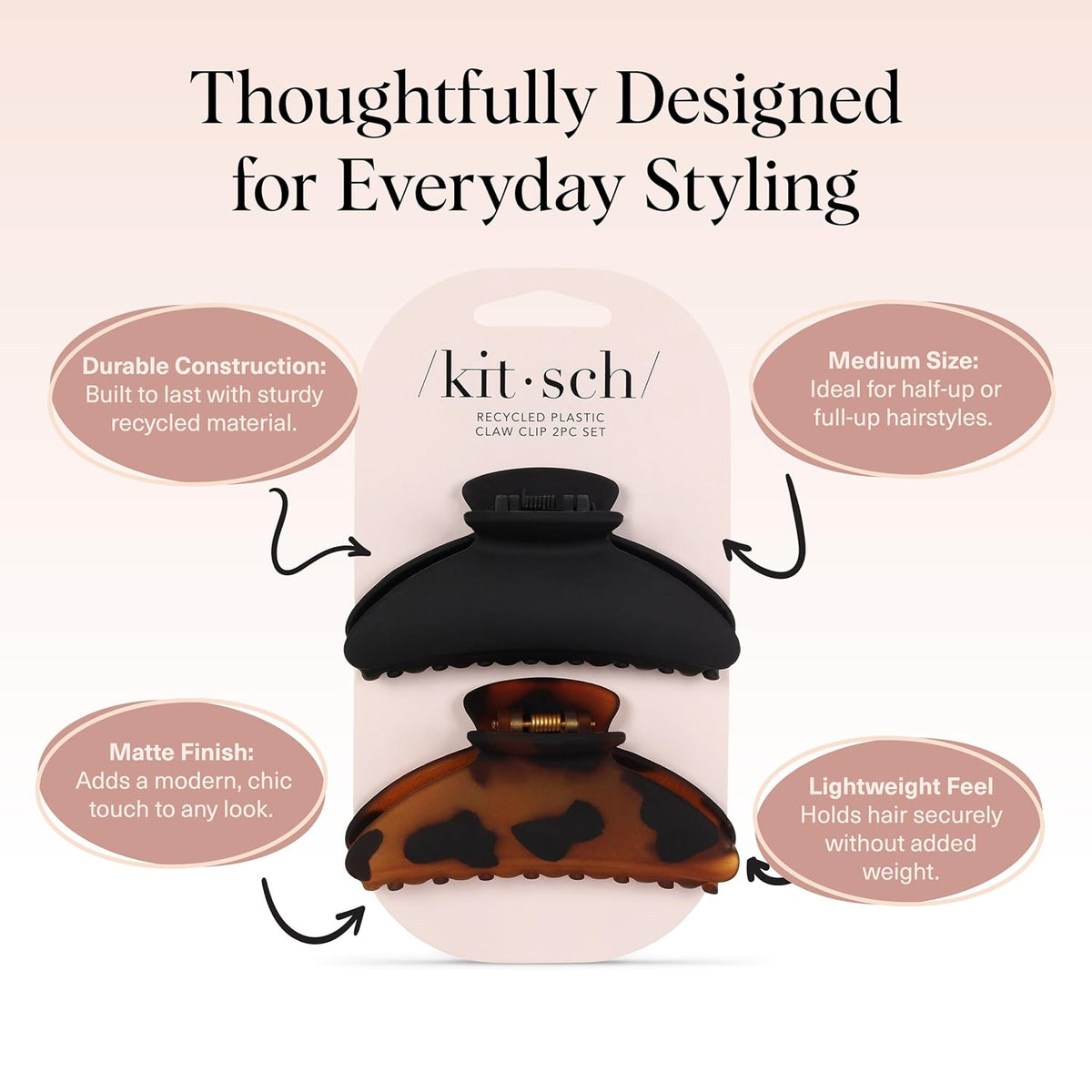 Medium Hair Clips for Women - Black and Tort, 2pcs