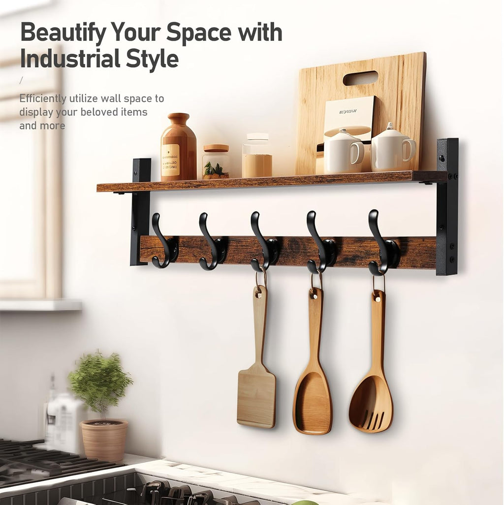 29" Rustic Coat Rack Wall Mount with Shelf, Entryway Wall Hooks with Shelf, Coat Hangers for Bathroom, Living Room