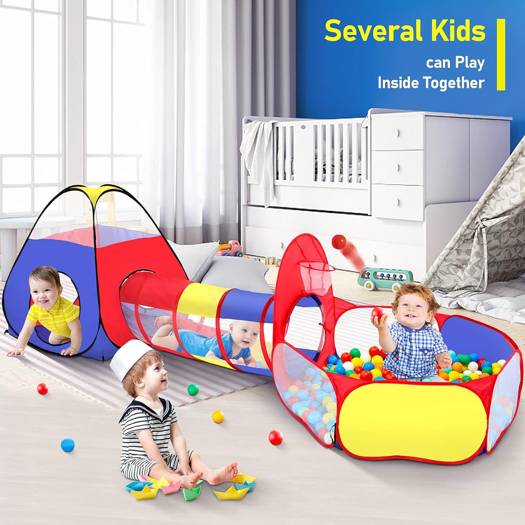 3 in 1 Kids Play Tent with Play Tunnel, Ball Pit, Basketball Hoop for Boys & Girls, Toddler Pop Up Playhouse Toy for