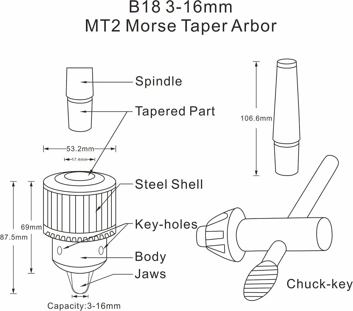 Earl Diamond Super Heavy Duty 5/8-Inch Drill Chuck with #2 Morse Taper Arbor & Chuck Key (5/8" MT2)