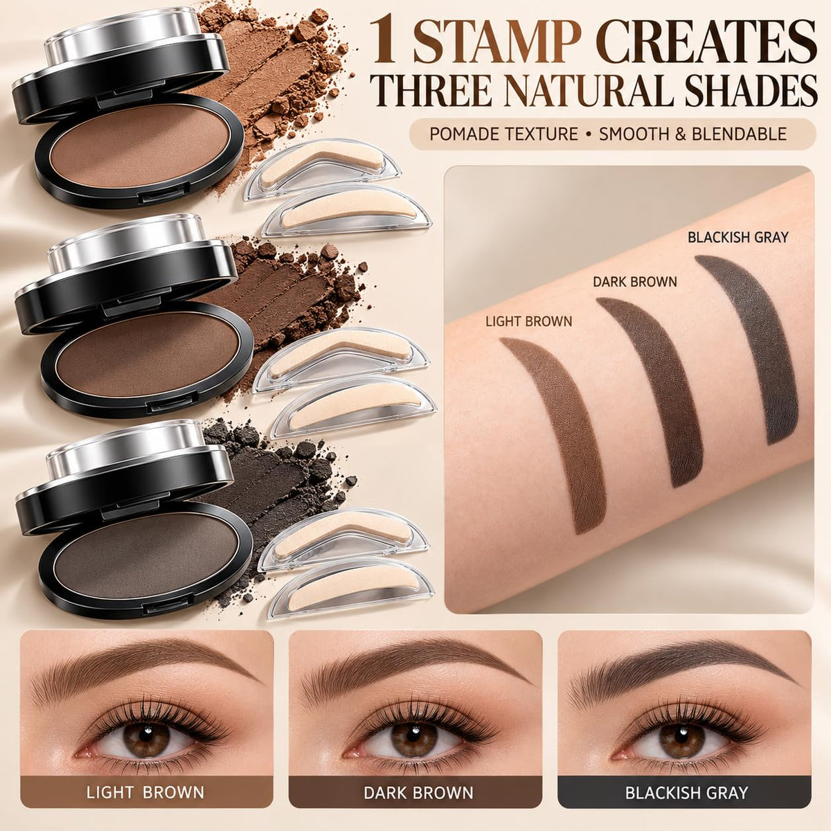 Eyebrow Stamp Kit with 3 Reusable Brow Stencils, Waterproof Eye brow Powder Stamp for Natural Defined Brows, Quick