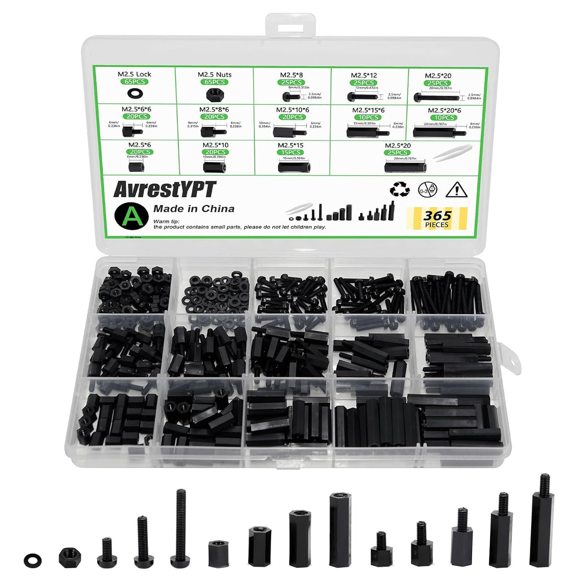 365 Pcs M2.5 Black Nylon Hex Standoff Screw Nut Kit