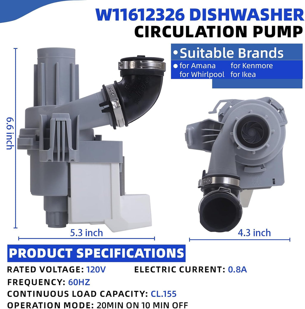W11612326 Circulation Pump for Whirlpool Dishwasher WDP540HAMZ4 WDP540HAMZ0 WDF330PAHS5 WDF330PAHB4 WDF330PAHW2 WDF341PAPM2 WDF330PAHS3 WDF330PAHS2 WDF520PADM7 WDF540PADM3, Replace W10805386 W11521435