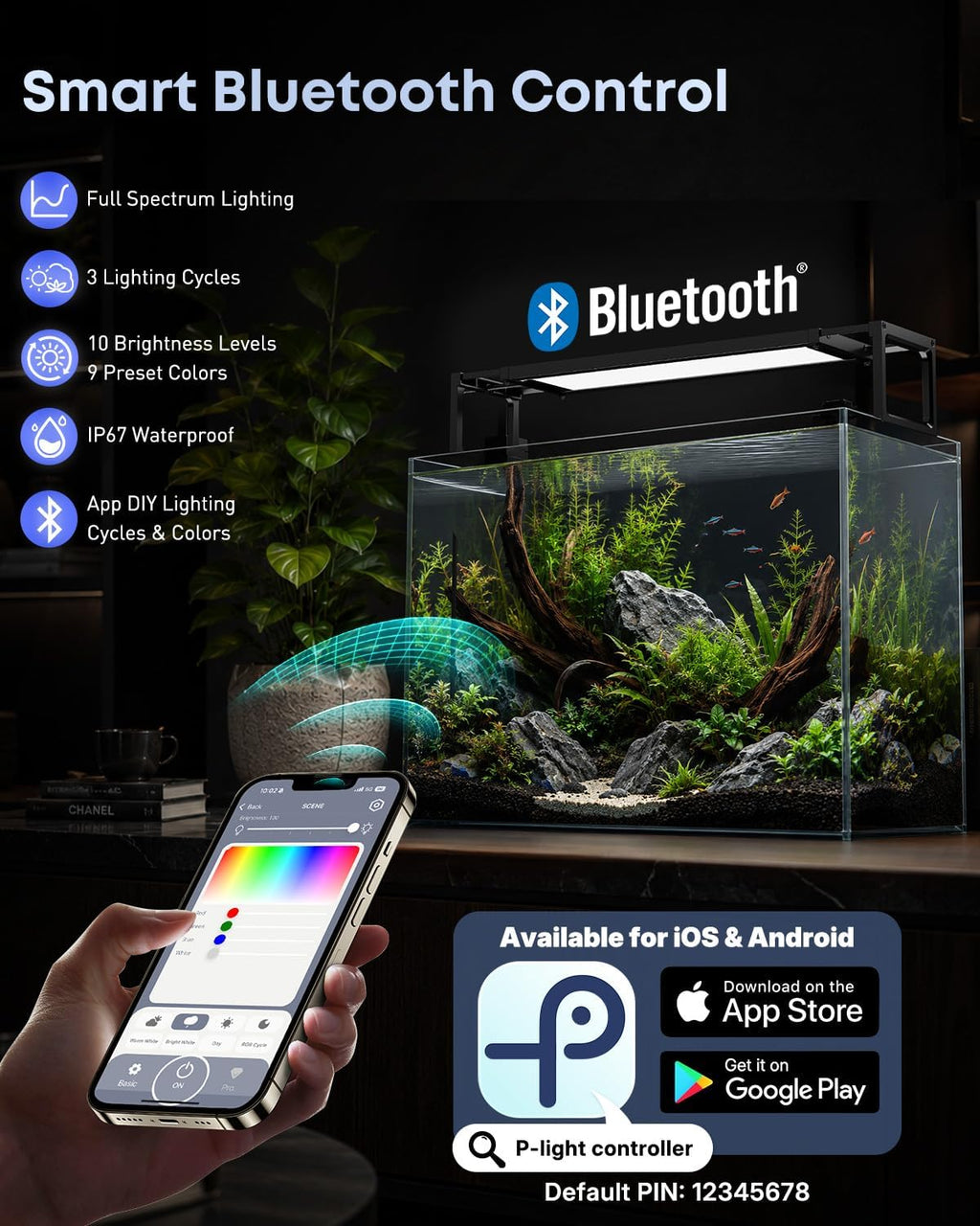 Aquarium Light for Plants, 24 W Bluetooth Fish Tank Light, Full Spectrum Aquarium Lights for 30"-36" Fish Tanks