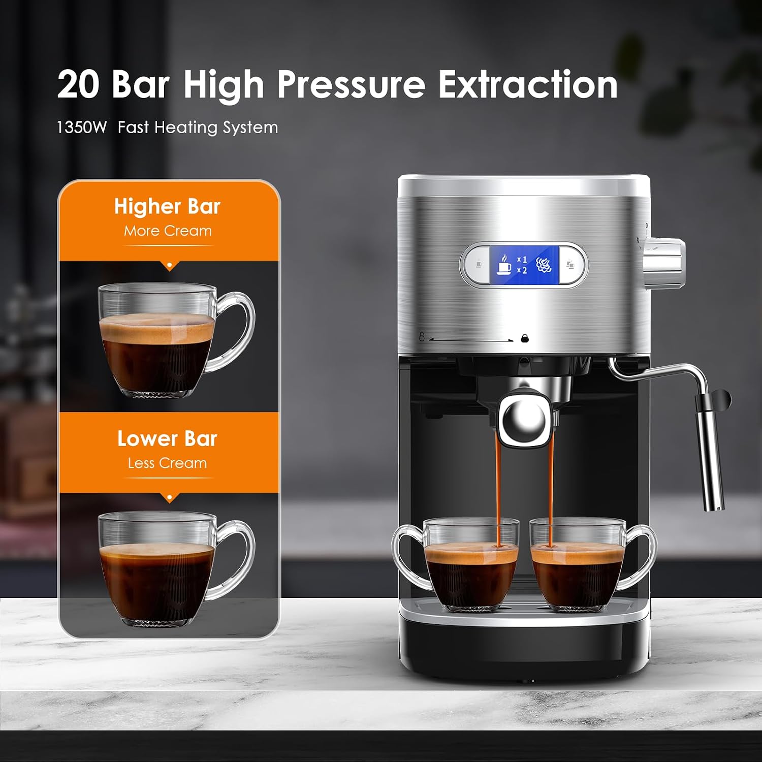 Espresso Machine 20 Bar, Semi-Automatic Espresso Maker with Milk Frother Steam Wand, 45 OZ Removable Water Tank for