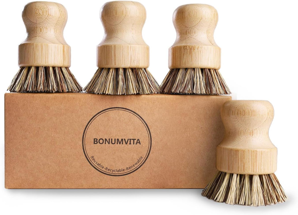 4-Pack Bamboo Dish Brush with Palm Fiber