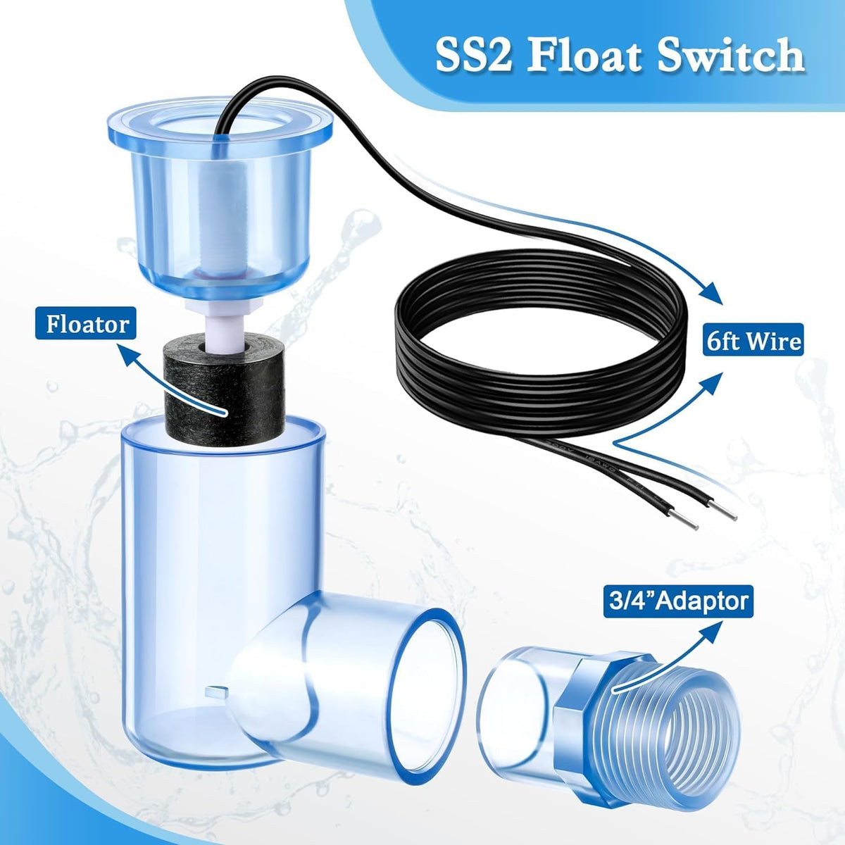 SS2 AC Float Switch L Shape Water Level Accessory with 3/4" Adaptor,10 Pack