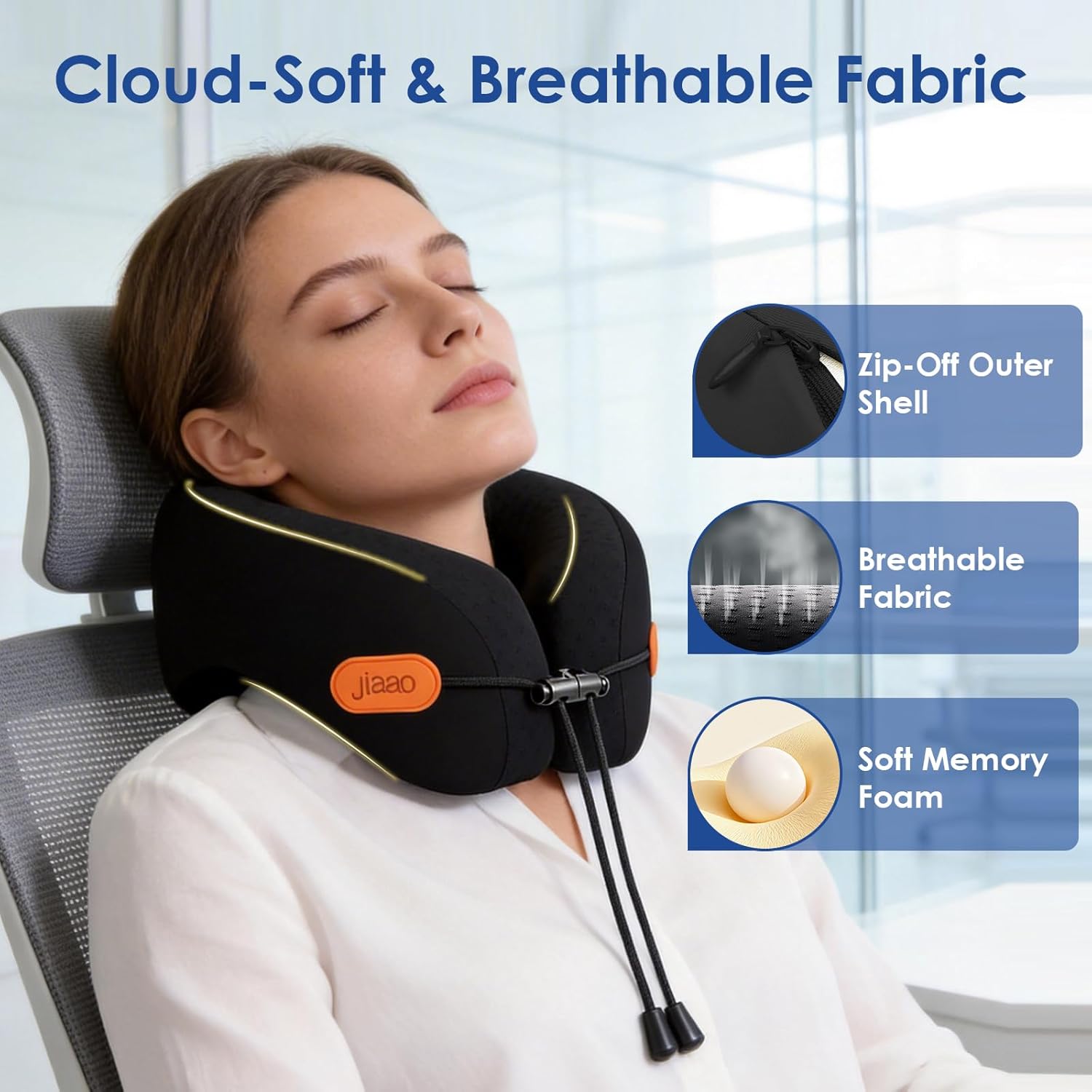 Travel Pillow Memory Foam Neck Pillow for Airplanes with Adjustable Neck Support, Includes Eye Mask, Earplugs &
